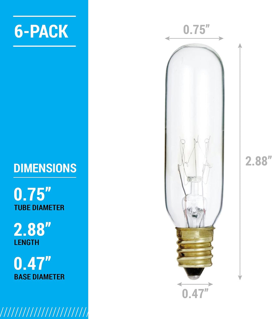 15W T6 Clear Tubular Incandescent Bulbs, E12 Candelabra Base, 6-Pack