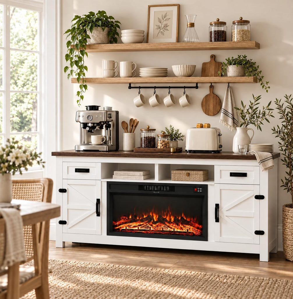 Farmhouse Fireplace TV Stand with Barn Door, 80 inch, White