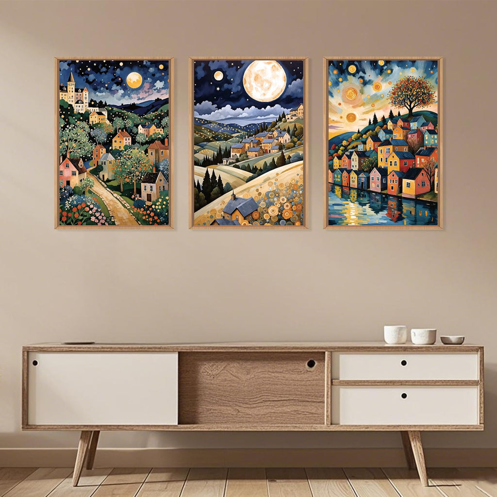 Large Abstract Colorful Framed Canvas Wall Art, Retro Night Village Wall Decor, Natural Moon Stars Wall Painting, Gustav