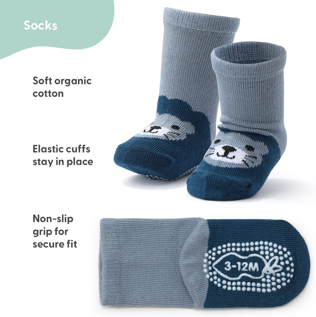Organic Baby Boy Socks Set of Non-Slip Grip, Soft Cotton & Toddler Socks - Bold