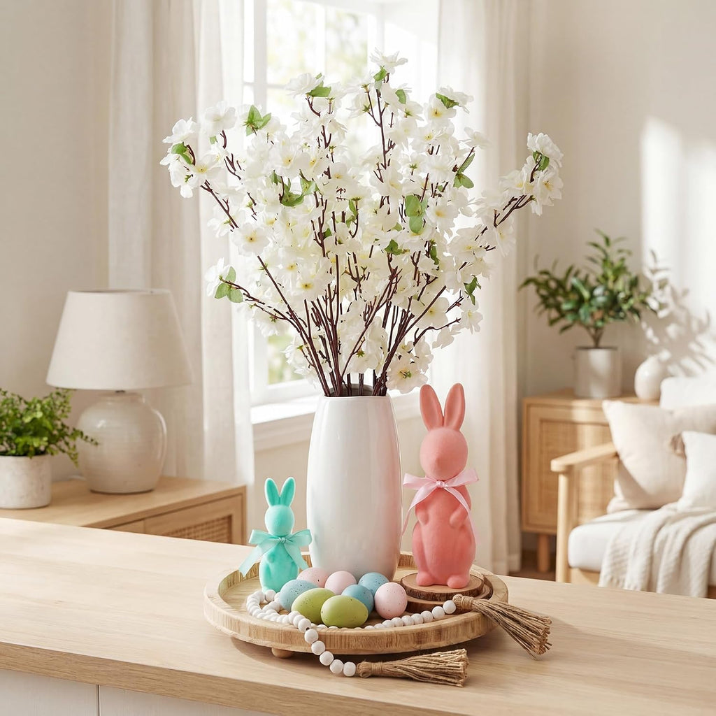 Easter Table Centerpiece Spring Tray Decoration Includes 2 Flocked Bunnies, 16 Pastel Speckled Eggs, 10 Peach - Set of 29