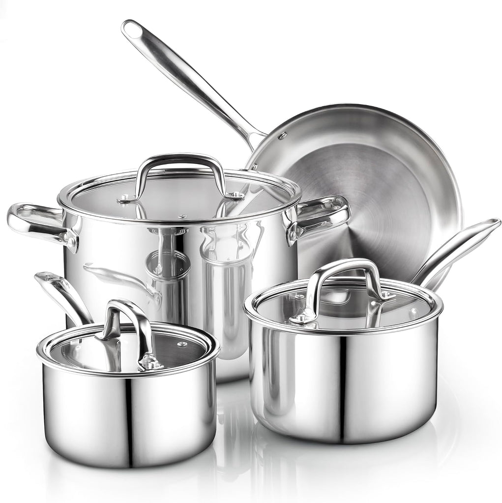7-Piece Tri-Ply Clad Stainless Steel Cookware Pots & Pans Set | Fully Clad Stockpot & Saucepan with Lids, Fry Pan