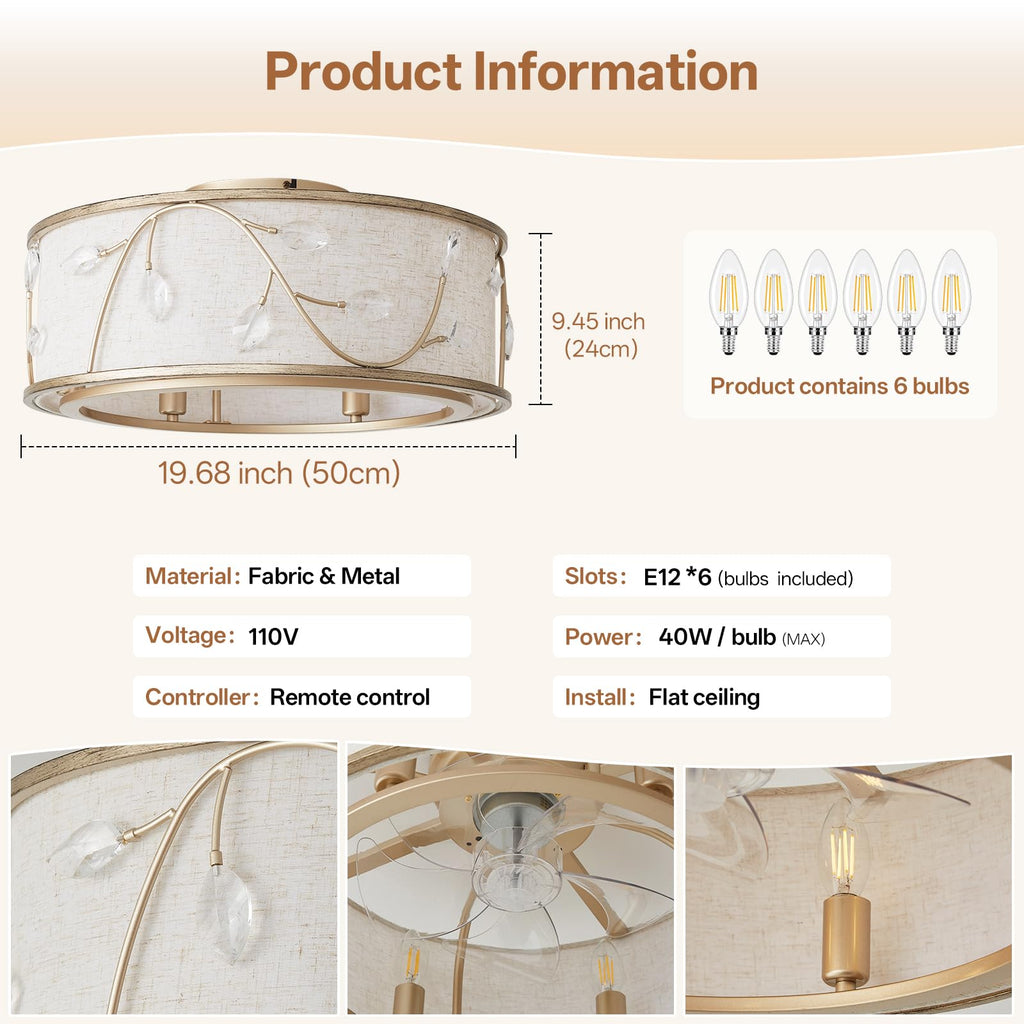 Caged Flush Mount Ceiling Fans with Lights, 20" Gold Boho Ceiling Fan, Low Profile Crystal Ceiling Fan with Light