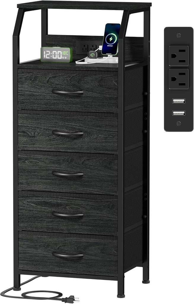 5 Drawers Dresser with Charging Station, Fabric Chest of Drawers with Open Shelf, Tall Night Stand, Bedside Table for