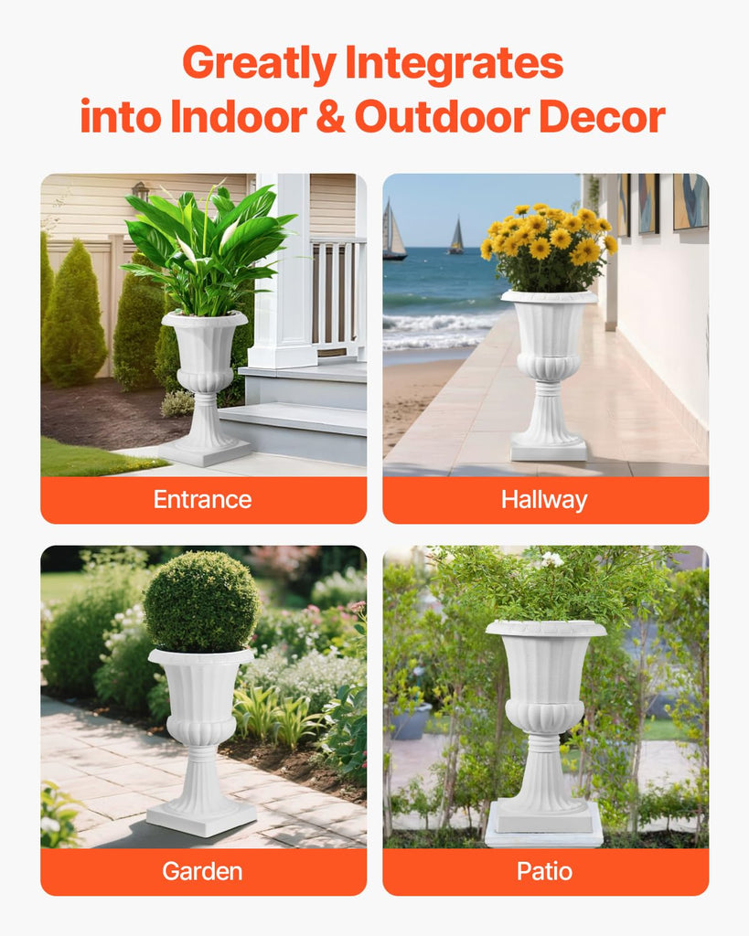 Plastic Urn Planters, 15.8 x 26.4 Inch, 2 Pack White Classic Flower Pots Front Porch Planters, Indoor & Outdoor Vase