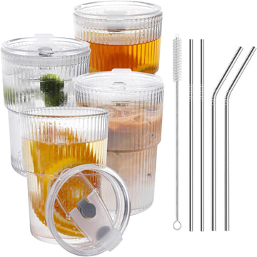 16 OZ Iced Coffee Cups with Lids and Straws Set of 4, Unbreakable Plastic Drinking Glasses Reusable Iced Coffee Glass