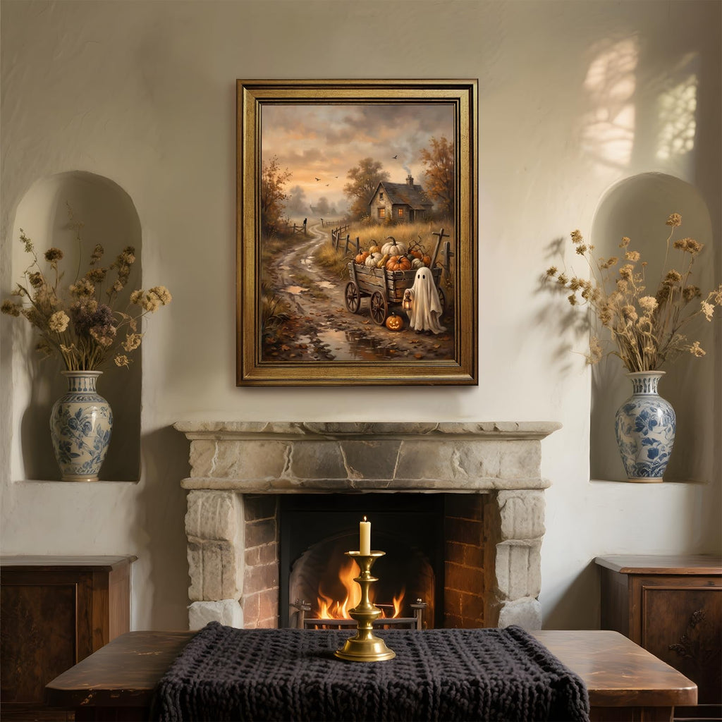 Retro Gold Frame Vintage Halloween Wall Art Ghost Pumpkin Wagon Poster Autumn Landscape Canvas Print Rustic