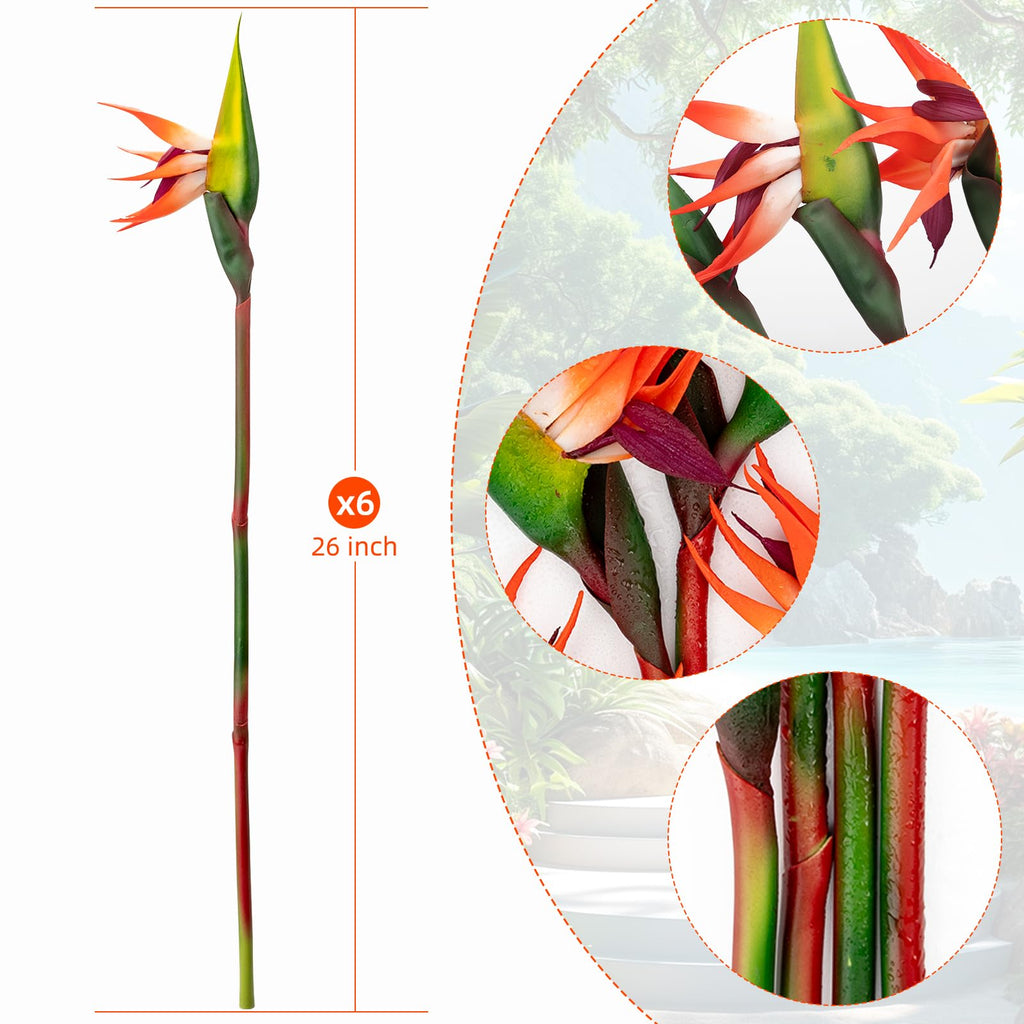 6 PCS Artificial Bird of Paradise Flowers, Real Touch 26inch Long Stem Flower Made of Soft Rubber PU for Indoor