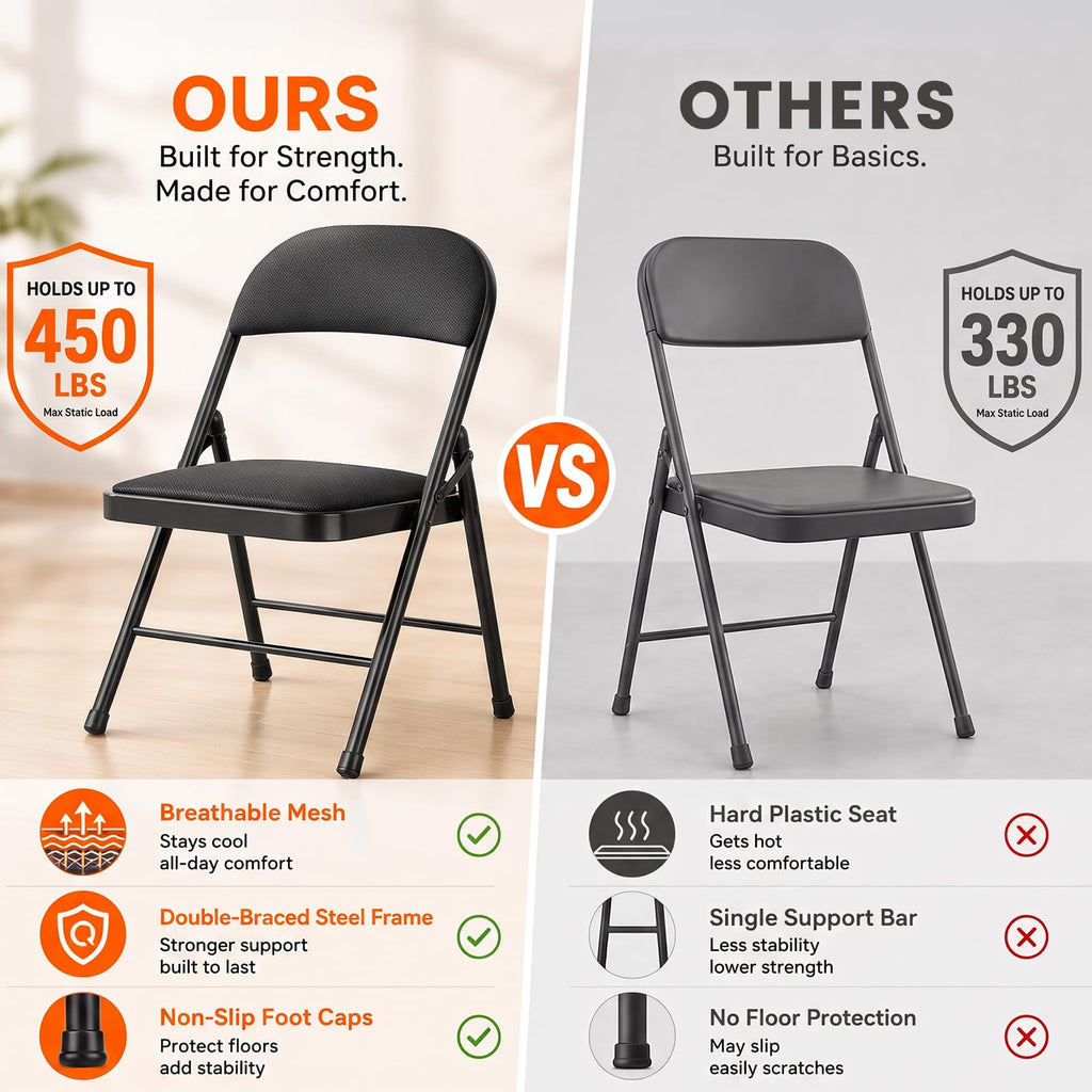 Padded Folding Chairs 10 Pack - Mesh Fabrics Steel Frame, Black