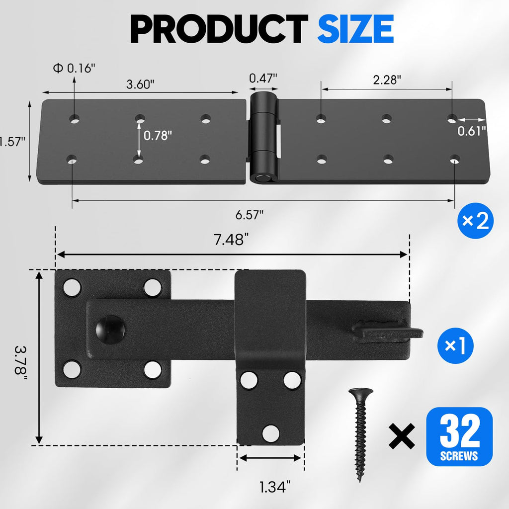 Fence Gate Hinge and Latch Set 2Pack Heavy Duty Gate Hardware Kit, 270 Degree Strap Gate Hinge & Adjustable