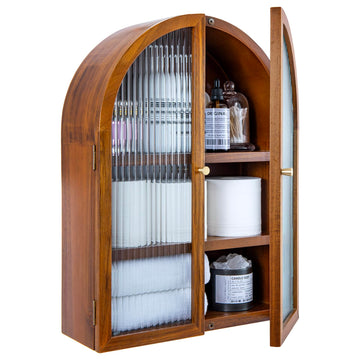 Acacia Wood Arched Medicine Cabinet Fluted Glass Brass Handles