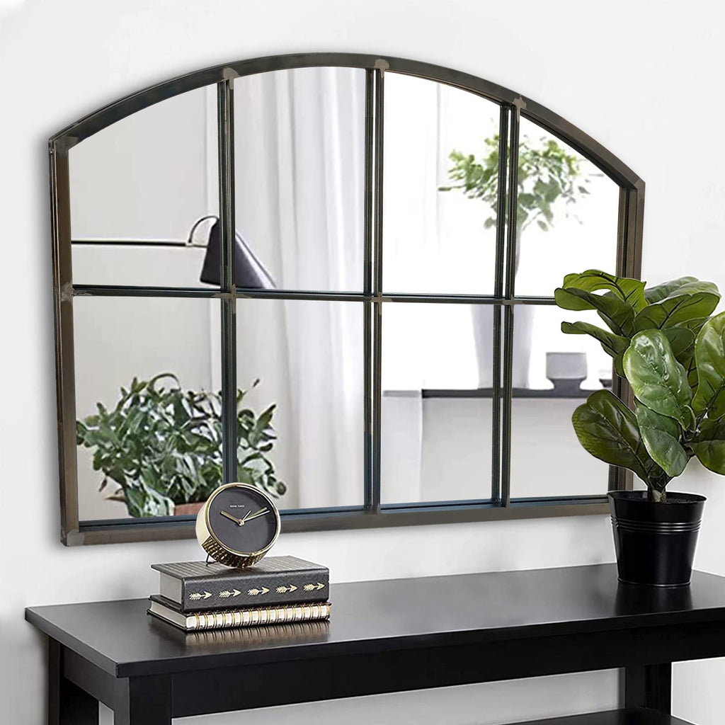 Wide Window Pane Black Mirror,Farmhouse Arched Wall Mirror,Mantel Mirror for Fireplace/Entryway/Hallway/Living