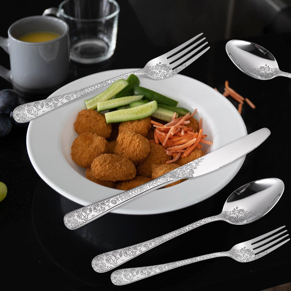 Floral Silverware Set 6 Silvery Flatware Stainless Steel with Delicate Engraved Rose Flower Embossed Design Complete