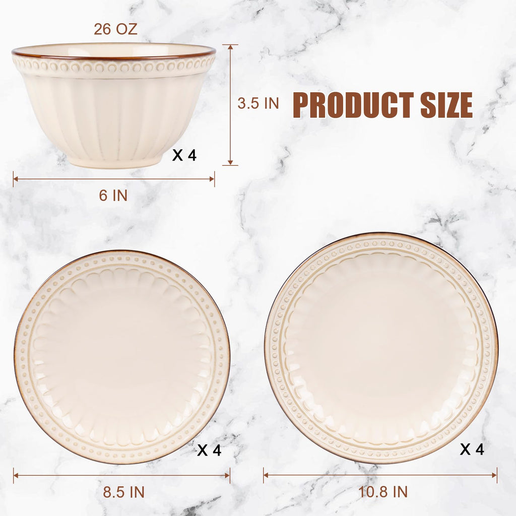 Dinnerware Set Cream White 12 Pieces Service for 4, Stoneware Plates and Bowls Set Stoneware Set, Dishwasher