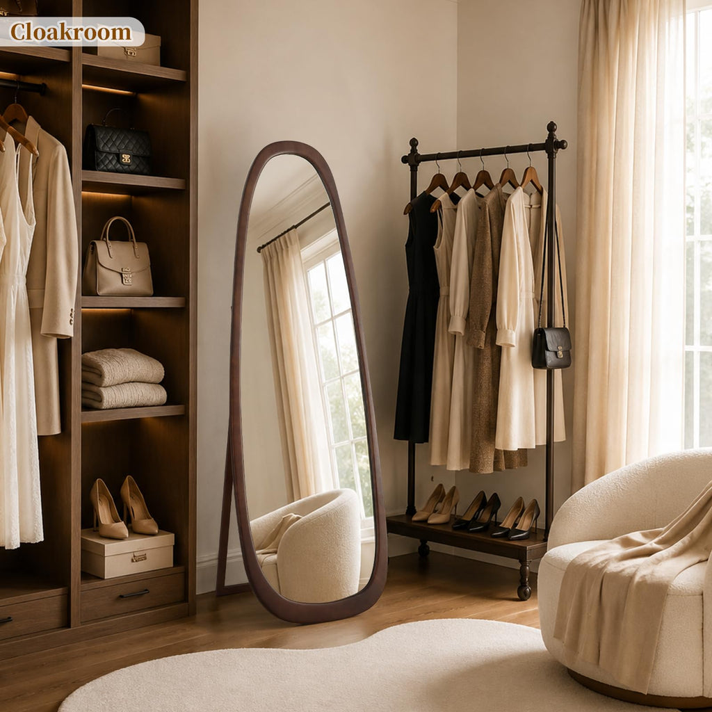 22x65 Inch Irregular Full Length Mirror with Stand, Floor Mirror with Wooden Frame,Full Body Mirror, Cloakroom, Dark