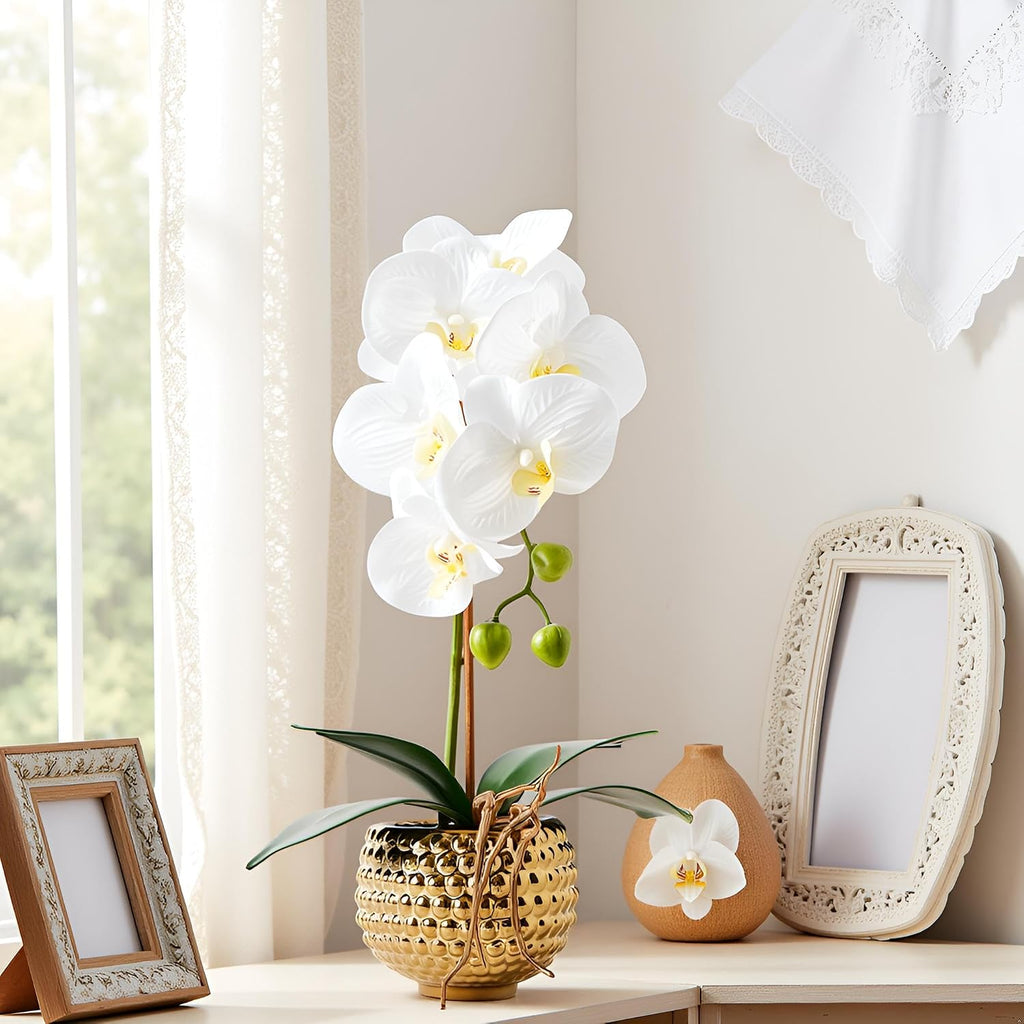 Orchids Artificial Flowers, 15" Faux Orchid in Gold Flower Pot Real Touch Flowers in Pot Large Flower Arrangements - Set of 6