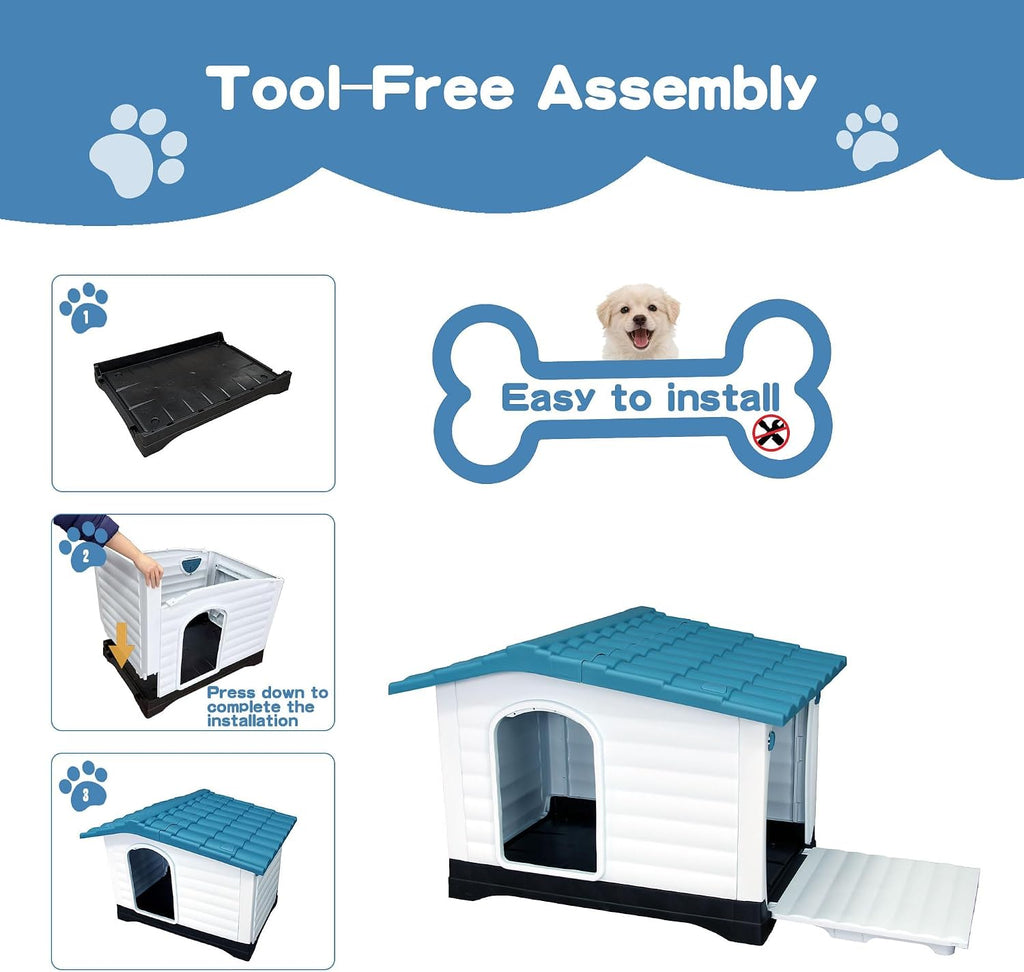 Elevated Weatherproof Plastic Dog House with 2 Doors & Fold-Out Porch - Raised Floor Outdoor Kennel for Large Dogs up