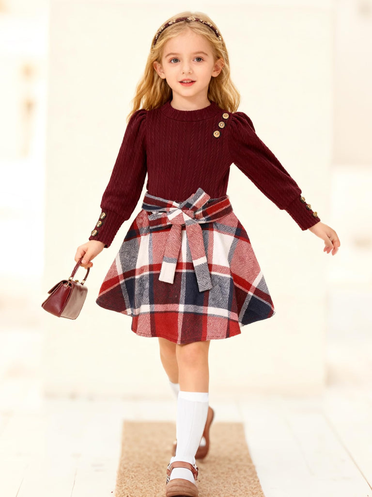 Girls Skirt Sets Fall Outfits Puff Sleeve Crewneck Ribbed Knit Tops and Plaid Skirt Set Kids Fall Winter Clothes