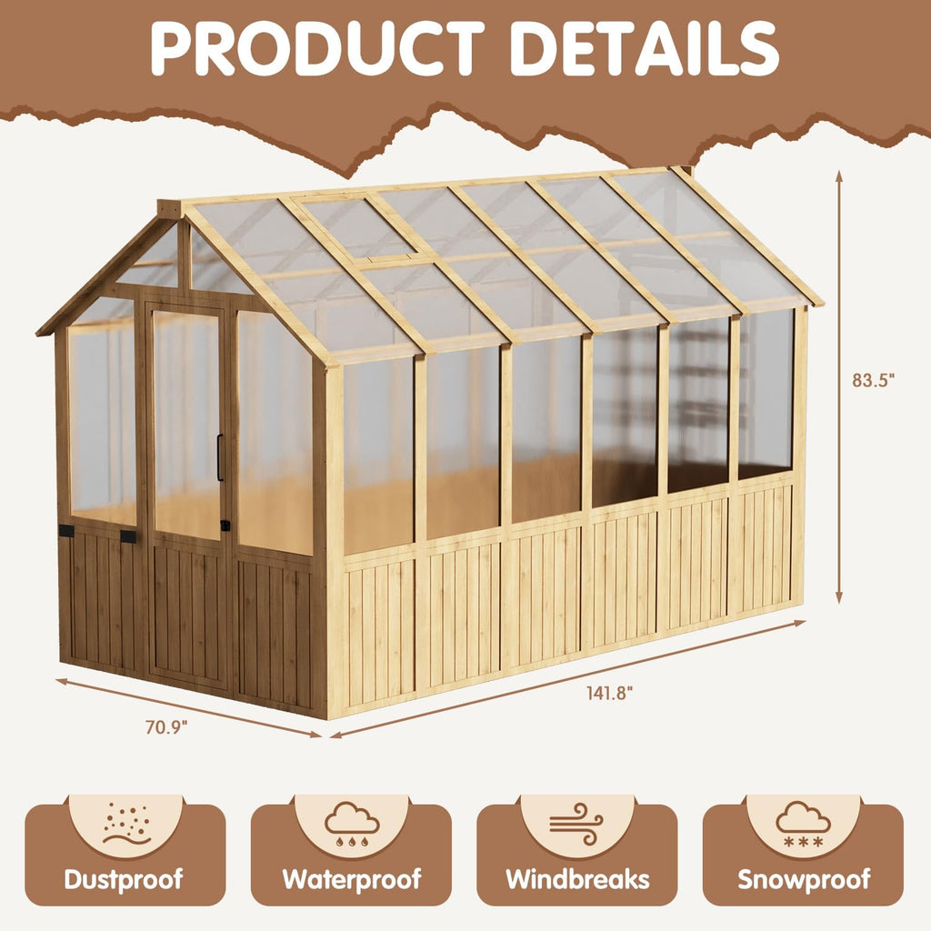 6x12FT Greenhouse ,Wooden Green House for Outdoors with Natural Wood Frame and Polycarbonate Panel, Walk-in