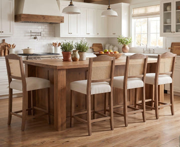 Counter Height Bar Stools Set of 4 Farmhouse Barstools with Rattan Back Comfortable Upholstered Bar Chairs Mid