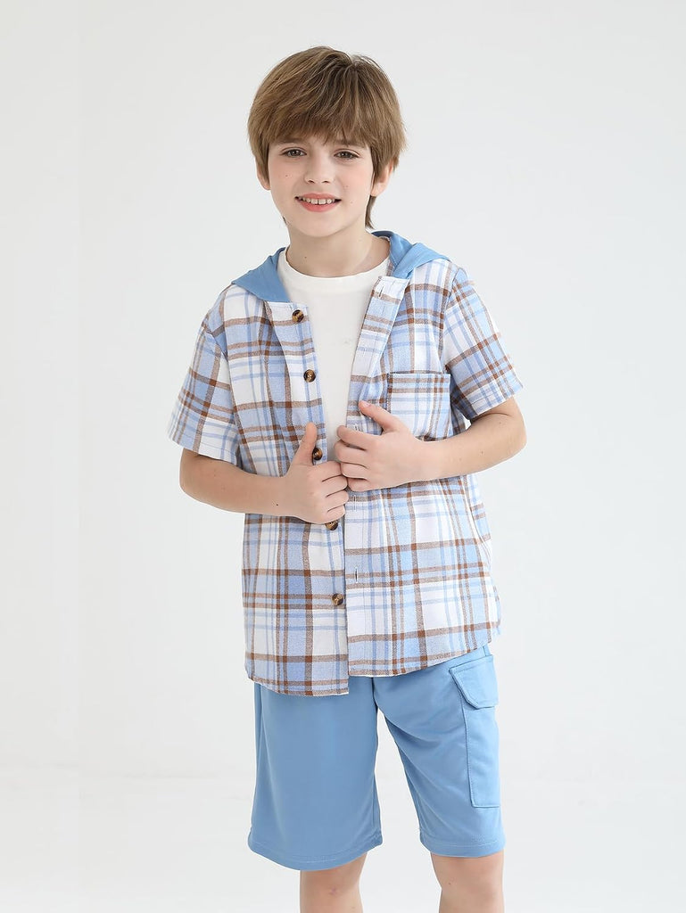 Boys Clothes Shorts Sets Plaid Short Sleeve Hooded Button Shirt and Jogger Shorts for Kids Summer Outfits