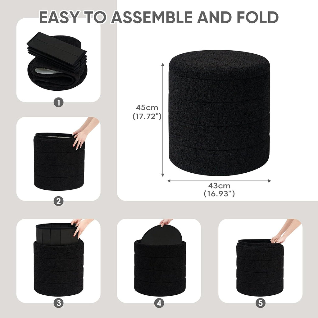 Round Storage Ottoman Foot Rest Stool with Tray Velvet Sherpa Folding Storage Ottoman,Boucle Foot Rest ,Black Color