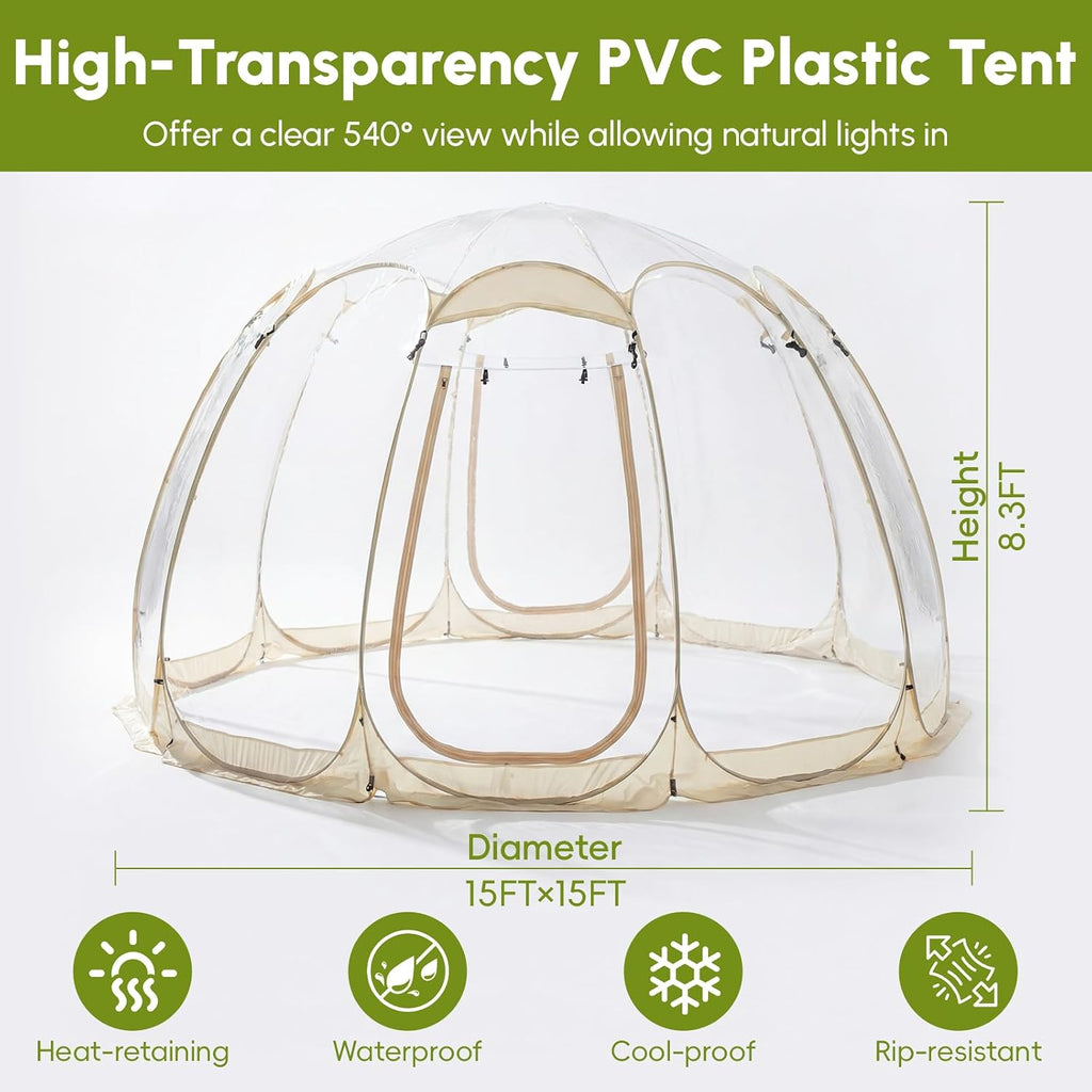 Pop Up Bubble Tent,15 x 15 ft Outdoor Greenhouse Clear Camping Shelters,8-12 Persons Igloo Tent,PVC 540°Degree Fully