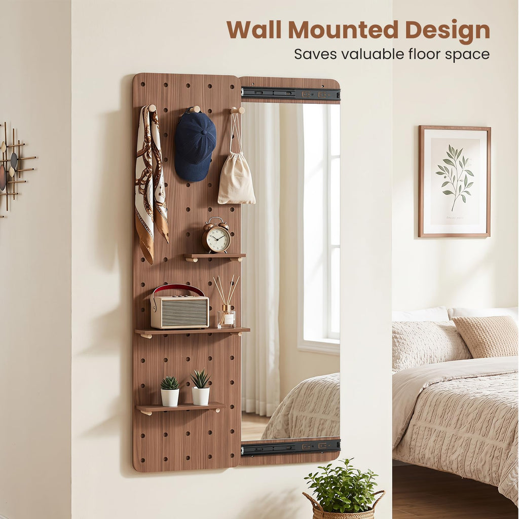 Full Length Mirror with A Pegboard, Shelf & Hooks for Storage,Walnut