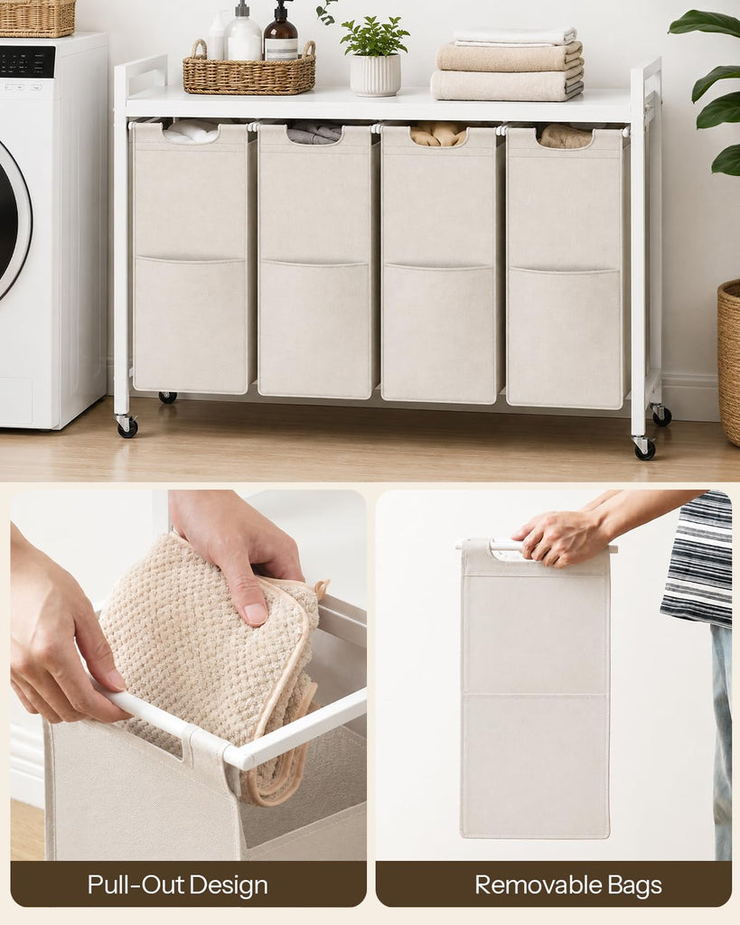 Laundry Sorter 4 Sections, Laundry Hamper with Wheels, 42 Gal (160 L), Rolling Laundry Basket, Pull-Out and Removable