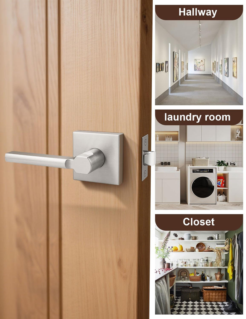 3 Pack Square Brushed Nickel Door Handles Interior, Non-Locking Interior Passage Door Lock Hallway/Closet Door Lever