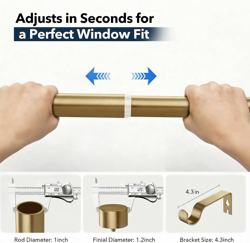 Heavy Duty Brush Gold Curtain Rods for Windows 32 to 120 Inch, 1 Inch Brass Curtain Rod Adjustable with Metal Modern