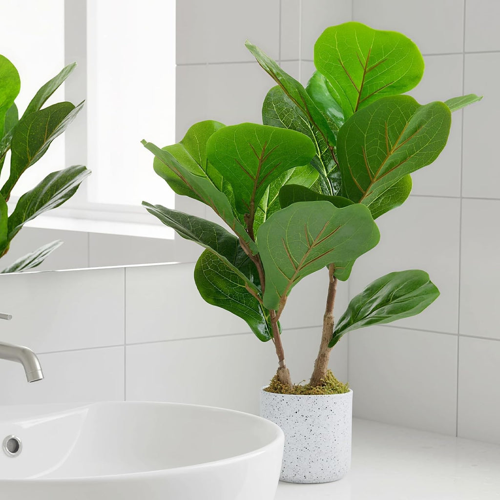Fiddle Leaf Fig Artificial Tree, Faux Floor Plant with White Planter Pot