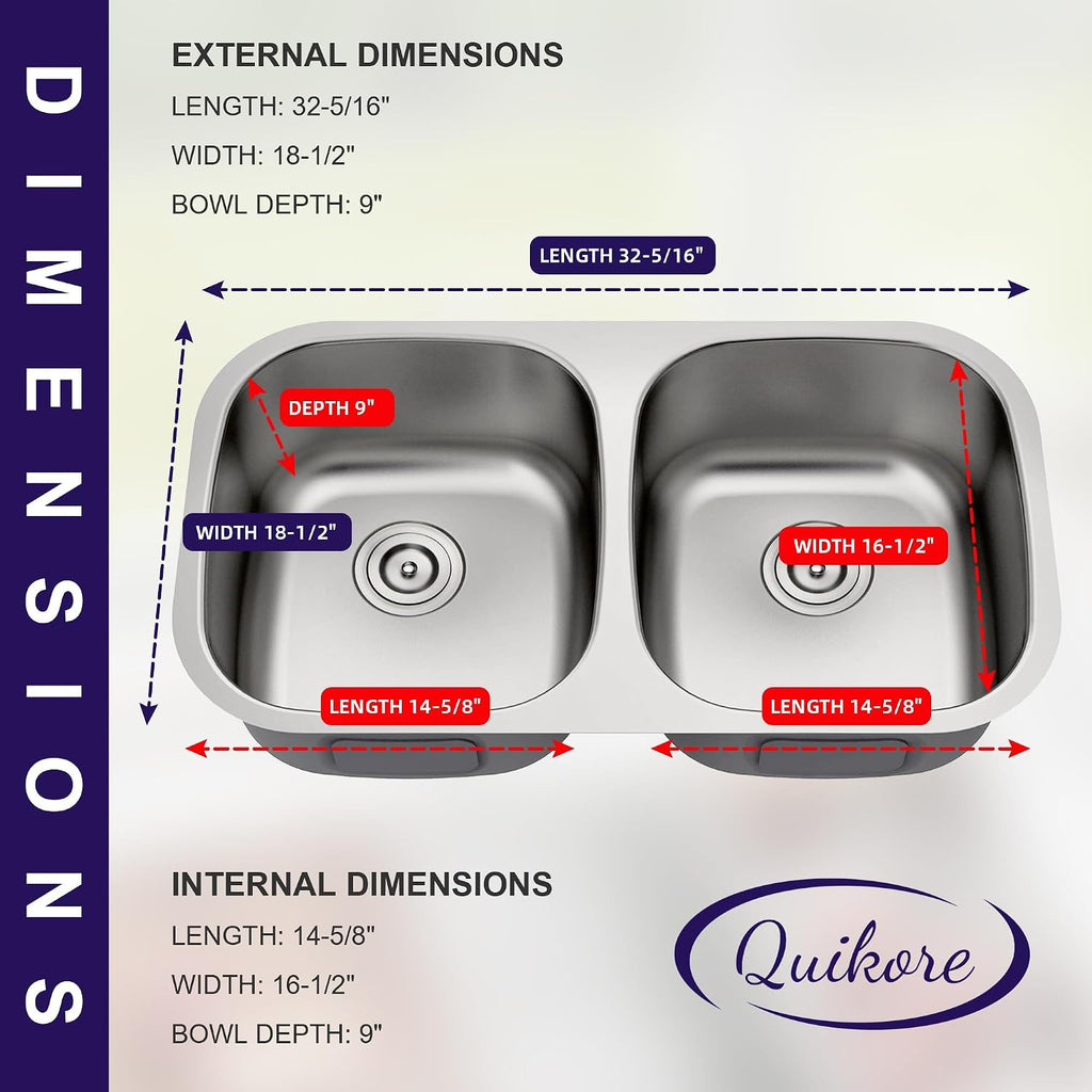 32 Inch Undermount 50/50 Double Bowl Kitchen Sink | 304 Stainless Steel, 18 Gauge Thickness, Large Capacity, Basket