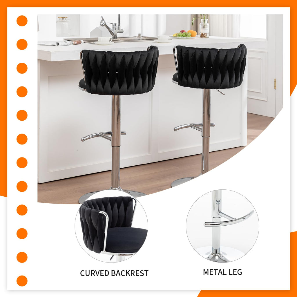 Velvet Bar Stools Set of 2, Counter Height Bar Chairs with Low Back, Swivel Barstools Island, Bar Pub (Black)