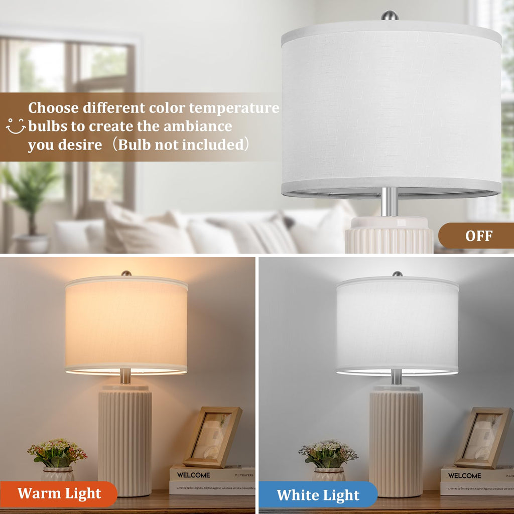 23.5'' Beige Modern Ceramic Table Lamps Set of 2, Farmhouse Bedside Lamps with Upgraded White Linen Shade, Rustic