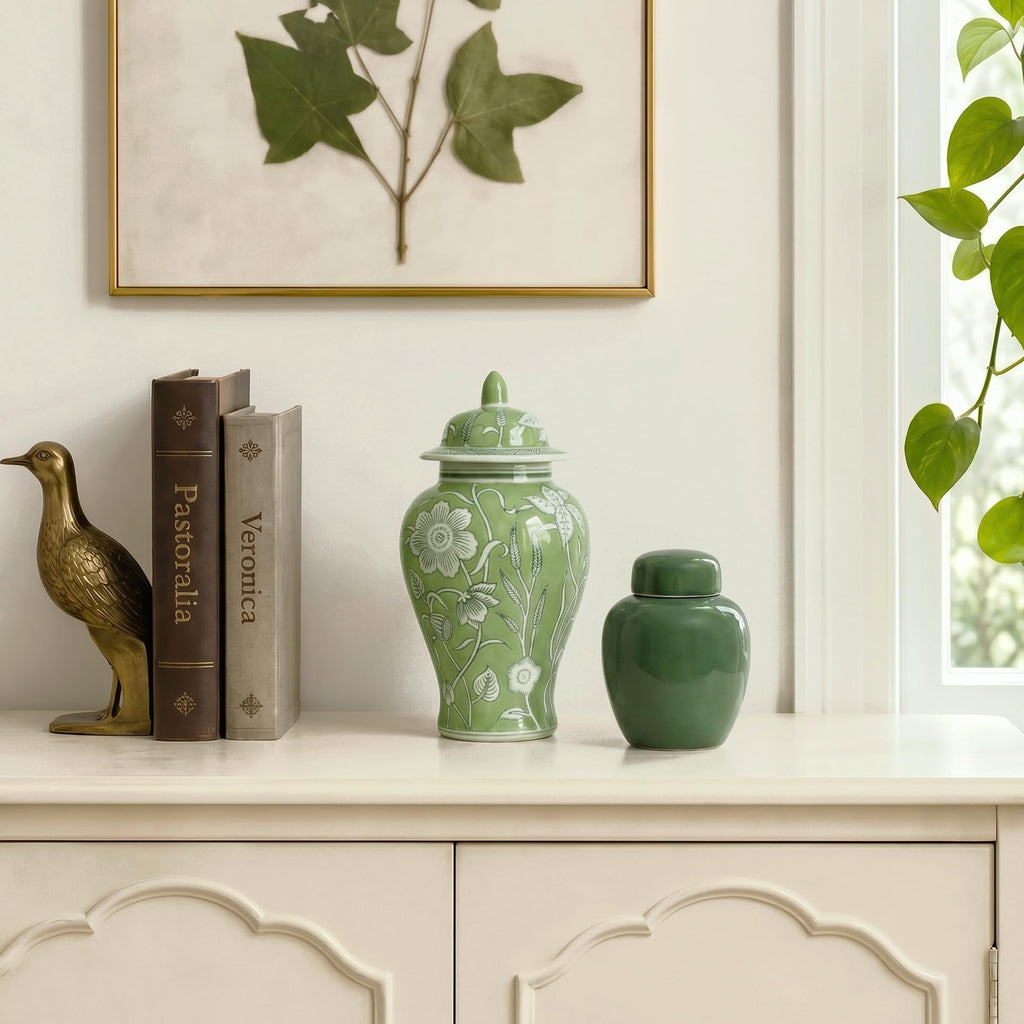 11′′ Light Green Ginger Jar with Lid