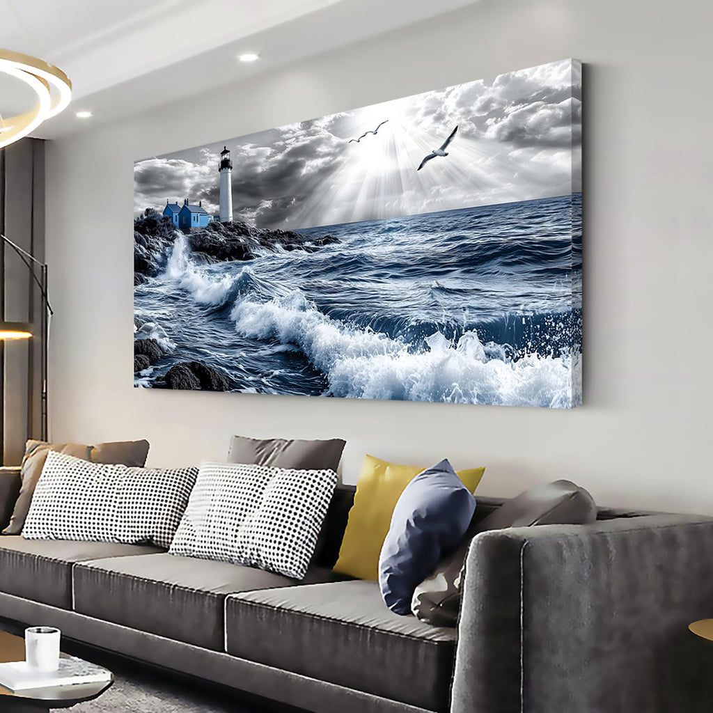 Black and White Lighthouse Wall Art Decor Ocean Canvas Light House Pictures Artwork Modern Beach Coastal Seascape