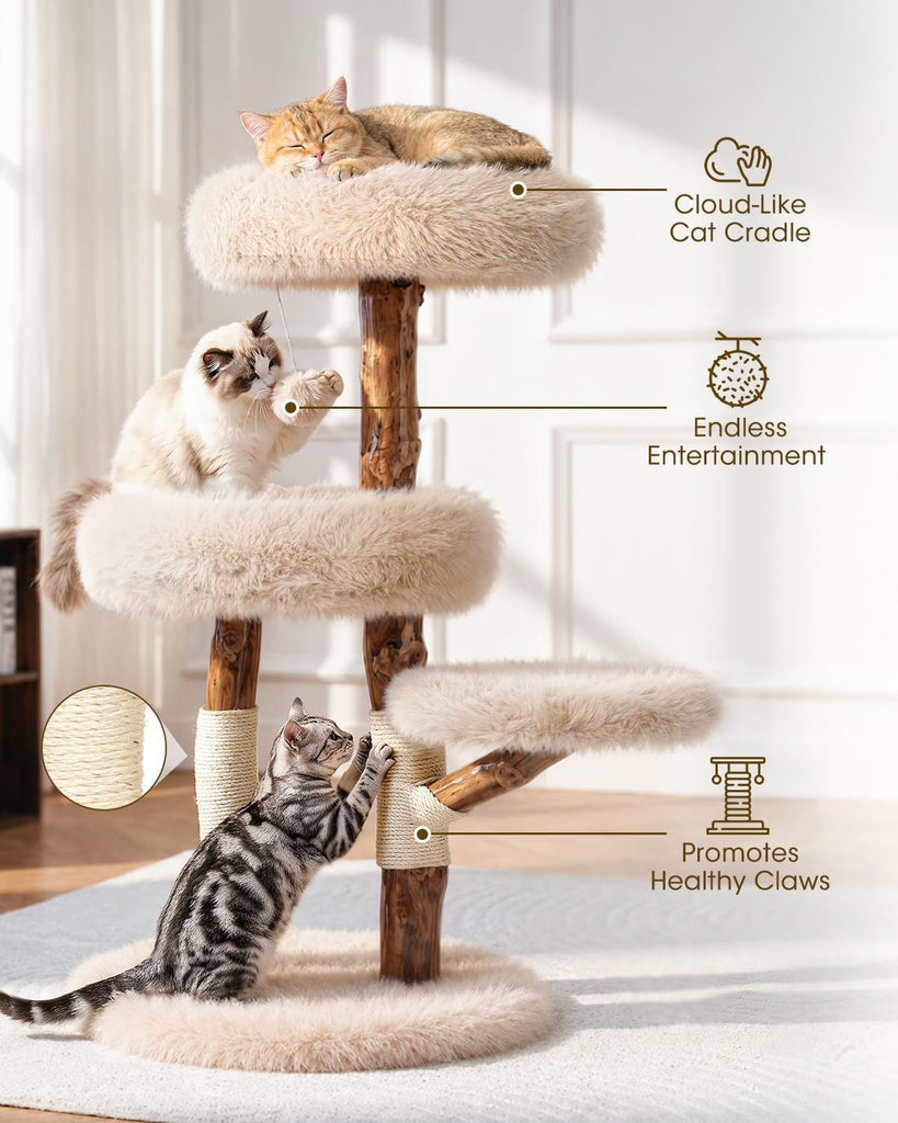 Solid Wood Cat Tree, Boho Modern Cat Tree Tower with Real Branch