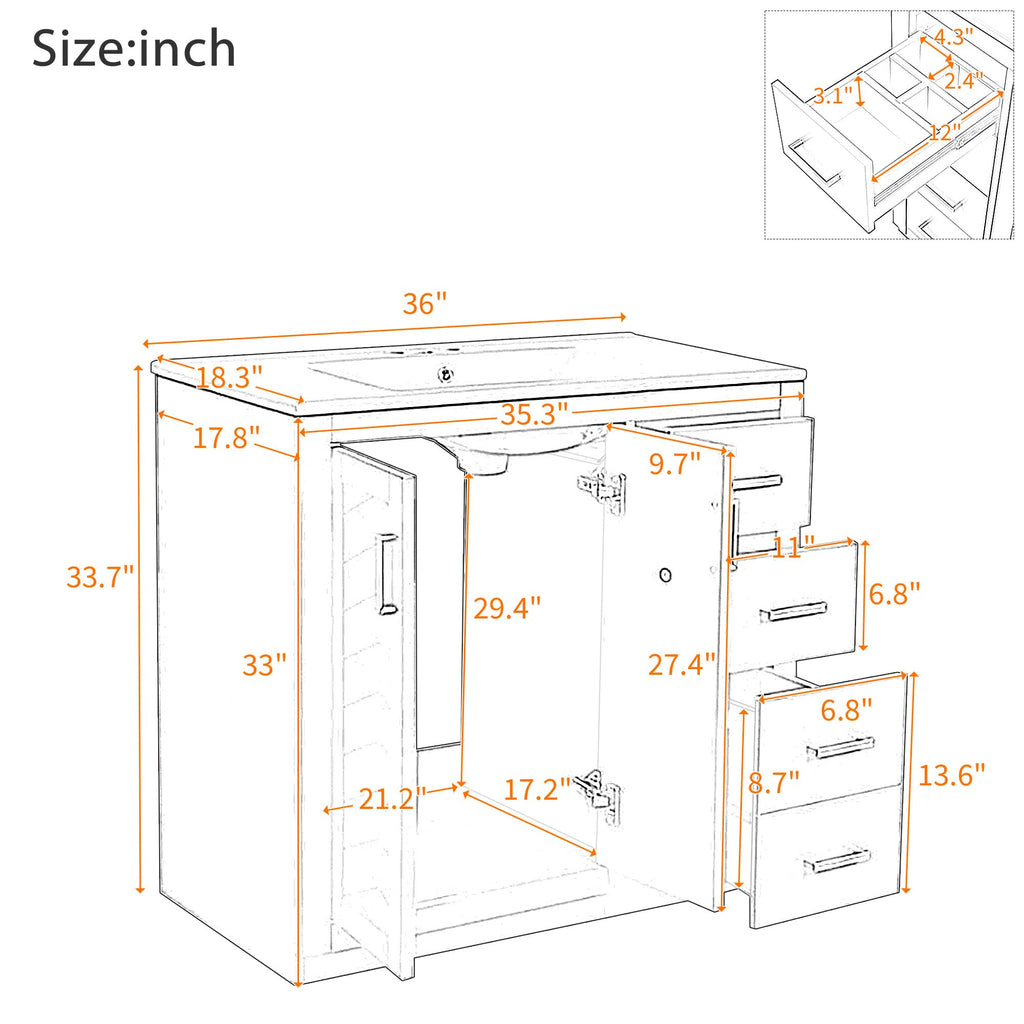 36 Inch White Bathroom Vanity with Sink & Gold Handles, Light Luxury