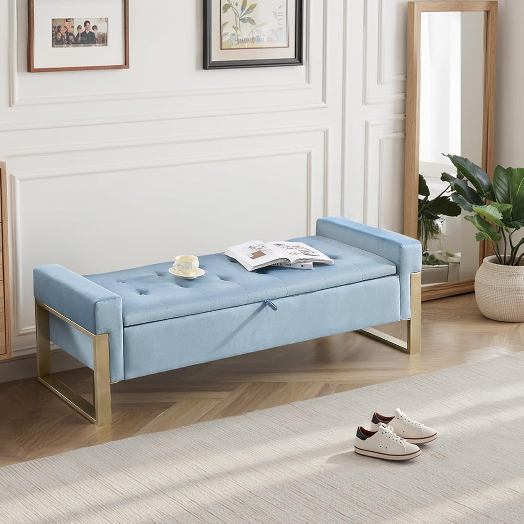 67'' End of Bed Storage Bench, Storage Ottoman Bench King Size, Modern Velvet Bed Benches for Foot of Beds with Gold