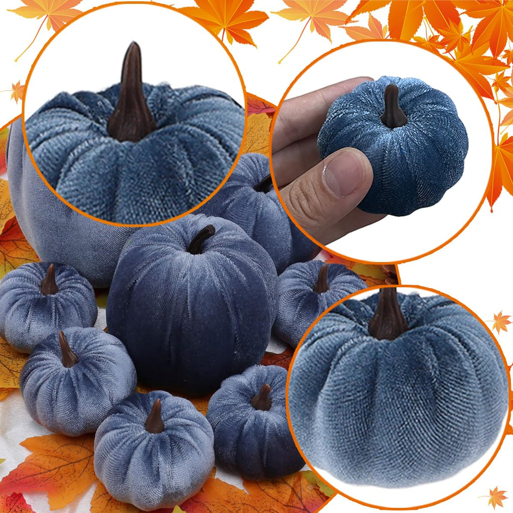Faux Blue Velvet Pumpkin Artificial Fall Foam Pumpkin Decor 9 Pcs