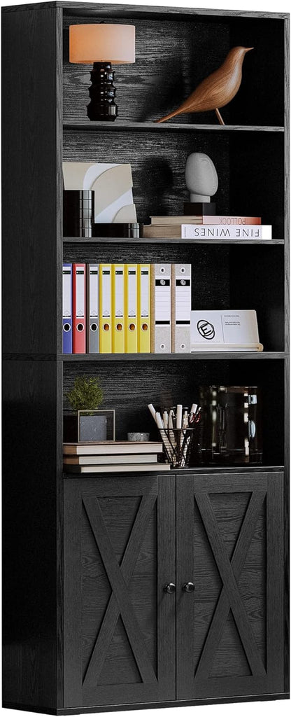 Industrial Bookshelves and Bookcases with Doors Floor Standing 6 Shelf Display Storage Shelves 70 in Tall Bookcase