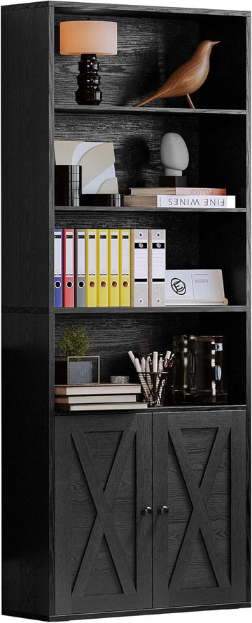 Industrial Bookshelves and Bookcases with Doors Floor Standing 6 Shelf Display Storage Shelves 70 in Tall Bookcase