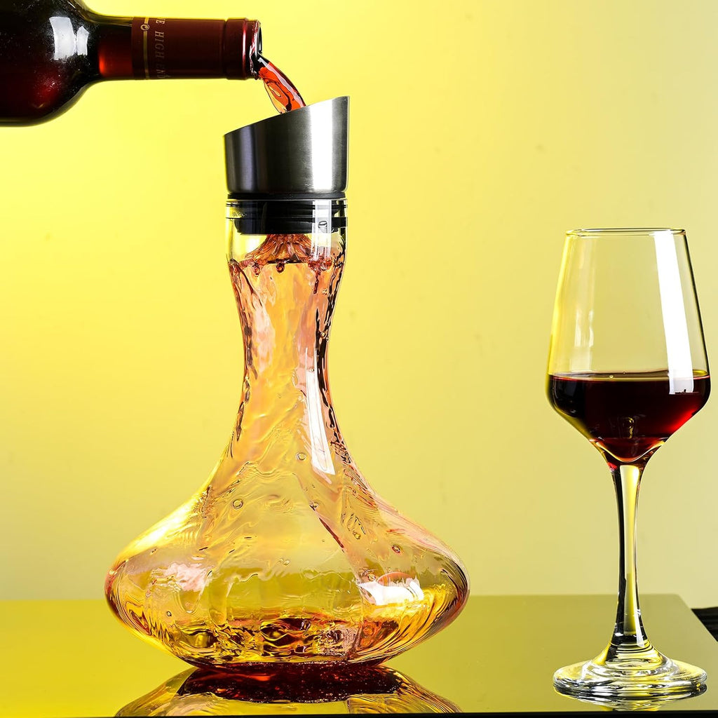 Hand Blown Wine Decanter with Aerator, 1300ml/44oz Red Wine Decanter, Crystal Wine Carafe with Stainless Steel Pour