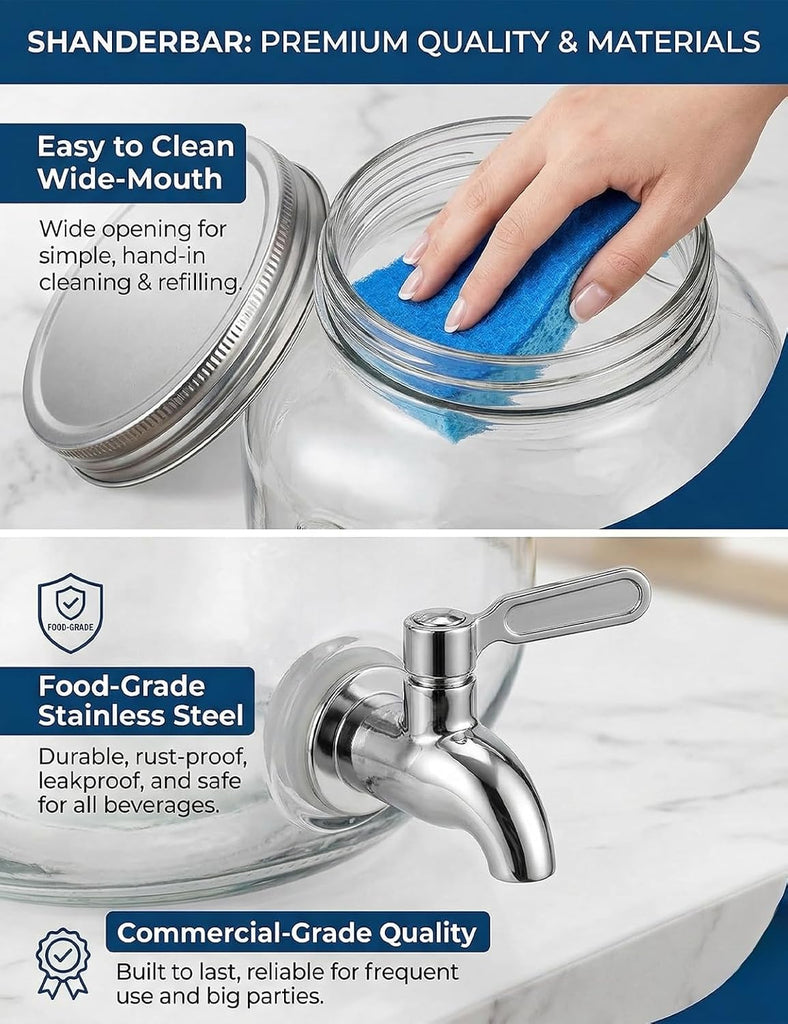 2 Gallon Glass Drink Dispenser with Stand and Lid, Stainless Steel Spigot