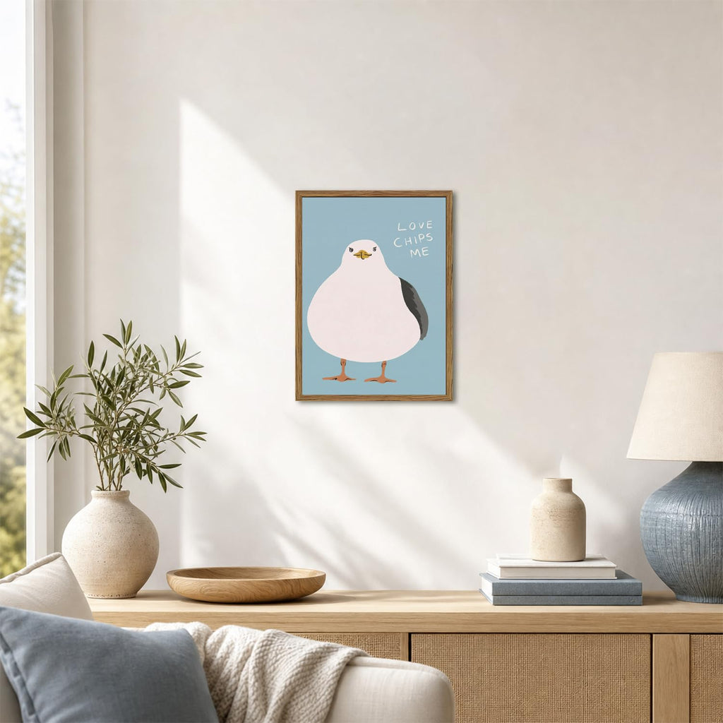Funny Seagull Wall Art, Love Chips Me Quotes Wall Decor Painting Cute Beach Animal Poster Canvas Prints Picture