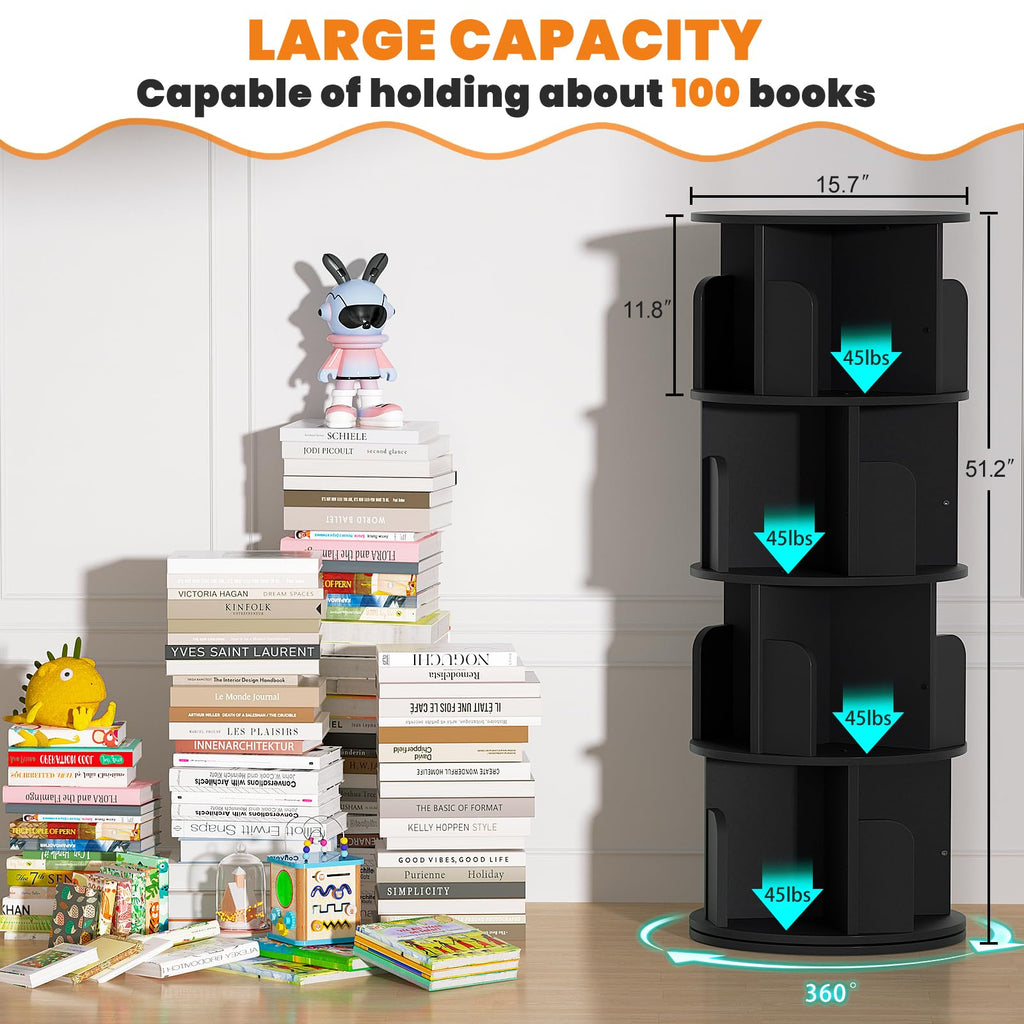 Rotating Bookshelf, 4 Tier Wood Spinning Bookcase Tower, Black