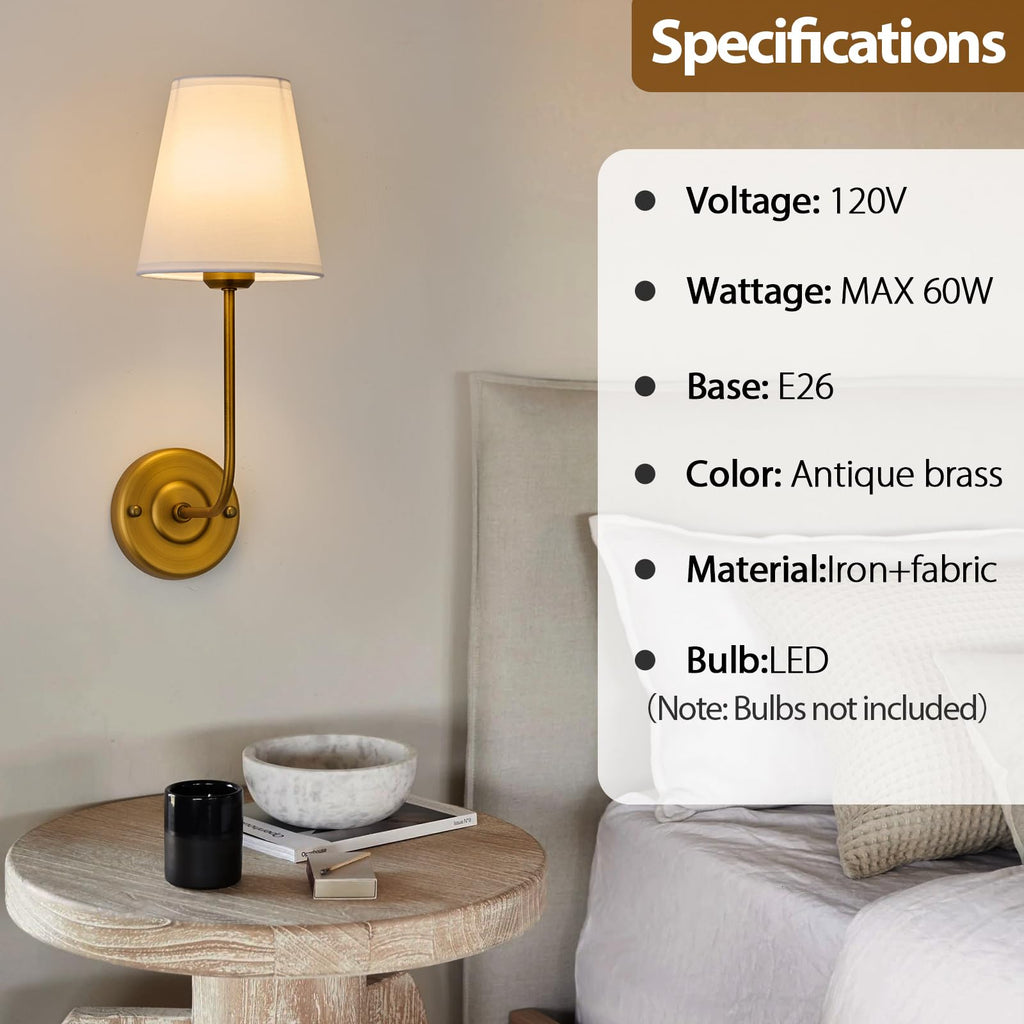 Hardwired Wall Sconce Set of 2 with Flared Shape White Textile Shade Curved Arm and Antique Brass Finish Metal