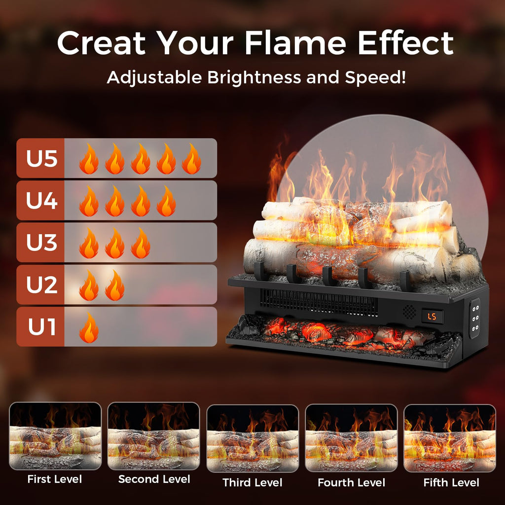 21" Freestanding Electric Fireplace Log Set with Cracking Sound, Fireplace Insert Heater with 8H Timer, 750w/1500w, 5