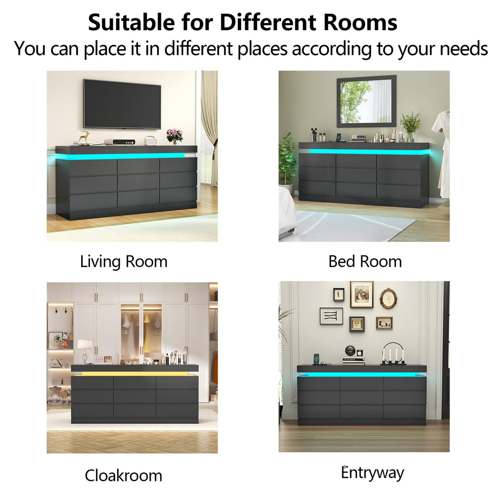 9 Drawer Dresser with Power Outlet, Modern Dresser with LED Light